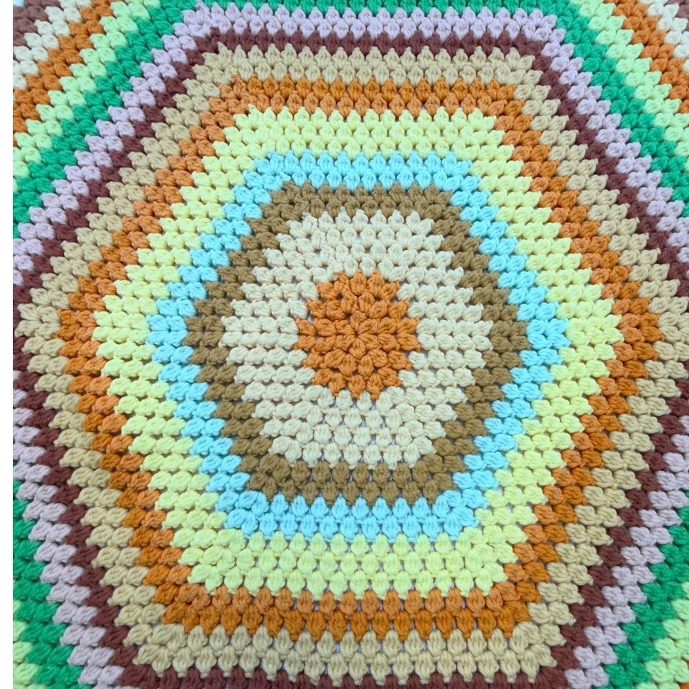 Vintage Handmade Crochet Hexagon Afghan Blanket Multi Color Retro Boho 69x64